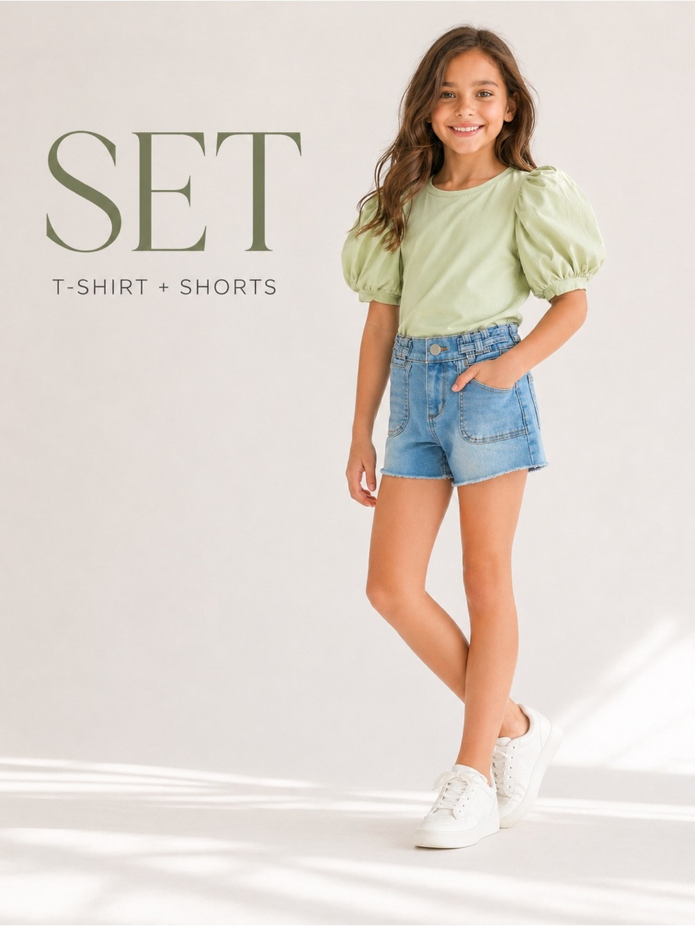 A Loves A Girls Set Top Shorts Antique Jade Denim Puff Sleeve Size S 7 NWT